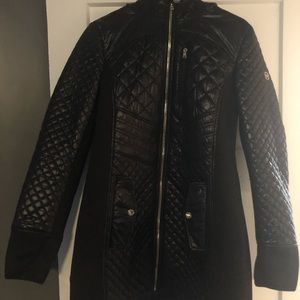 Michael Michael Kors Women's Black Nylon Quilted Mixed Media Stretch 3/4 Coat